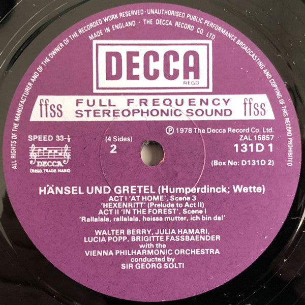 Engelbert Humperdinck (2), Brigitte Fassbaender, Lucia Popp, Walter Berry, Julia Hamari, Anny Schlemm, Norma Burrowes, Edita Gruberova, Georg Solti, Wiener Philharmoniker, Die Wiener Sängerknaben : Hänsel & Gretel (2xLP + Box)