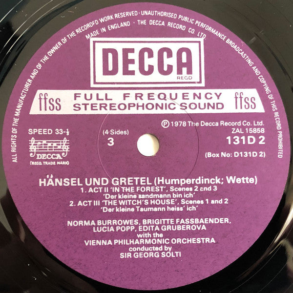 Engelbert Humperdinck (2), Brigitte Fassbaender, Lucia Popp, Walter Berry, Julia Hamari, Anny Schlemm, Norma Burrowes, Edita Gruberova, Georg Solti, Wiener Philharmoniker, Die Wiener Sängerknaben : Hänsel & Gretel (2xLP + Box)