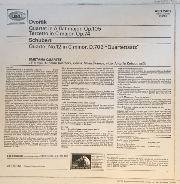 Dvořák*, Schubert*, Smetana Quartet : String Quartet In A Flat, Op. 105 / Terzetto, Op.74 / Quartettsatz (LP)