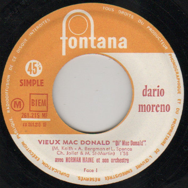 Dario Moreno : Vieux Mac Donald / Le Dos Dans L'Herbe (7", Single)