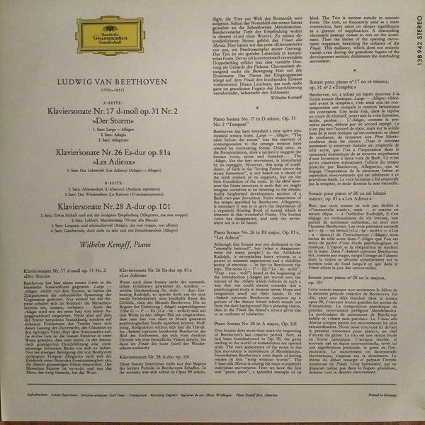Ludwig van Beethoven / Wilhelm Kempff : Klaviersonaten »Der Sturm« / »Les Adieux« / Nr. 28 A-dur, Op. 101 (LP, RE)