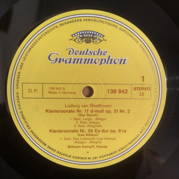 Ludwig van Beethoven / Wilhelm Kempff : Klaviersonaten »Der Sturm« / »Les Adieux« / Nr. 28 A-dur, Op. 101 (LP, RE)