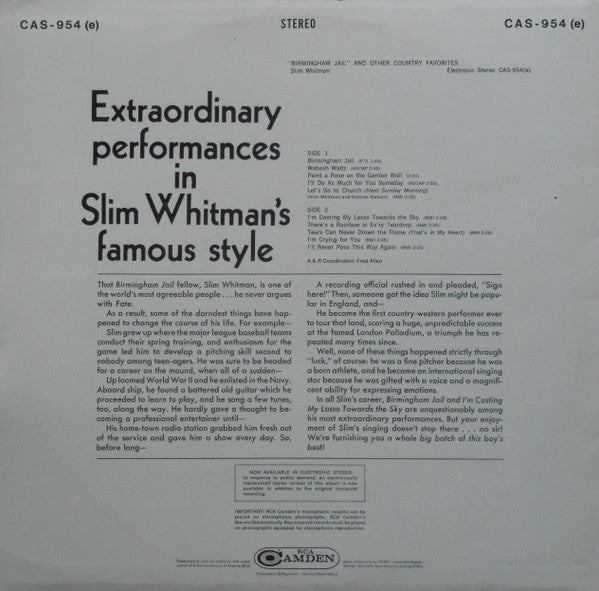 Slim Whitman : Birmingham Jail And Other Country Favourites (LP, Comp)