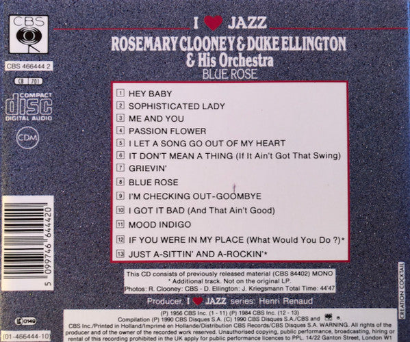 Rosemary Clooney And Duke Ellington And His Orchestra : Blue Rose (CD, Album, Comp, Mono)