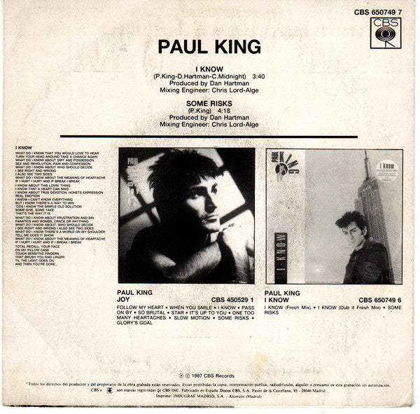 Paul King (2) : I Know (7", S/Sided, Promo)