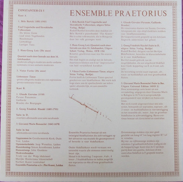 Blokfluitensemble Praetorius, Piet Kunst ,Conductor Trudy Van Der Wulp ,Dulciaan Marijke Rindertsma ,Clavecimbel Norbert Kunst : Muziek Voor Blokfluiten (LP)