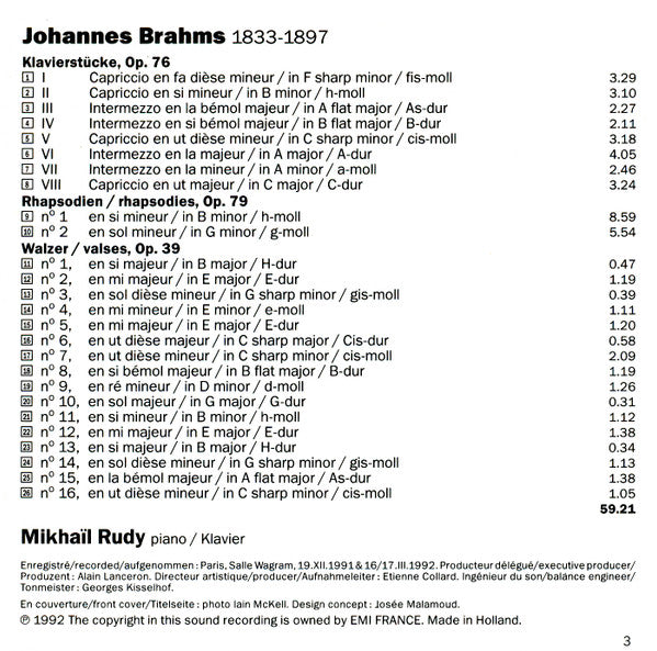 Johannes Brahms, Mikhaïl Rudy : Klavierstucke Op. 76; Rhapsodien Op. 79; Walzer Op. 39 (CD, Album)