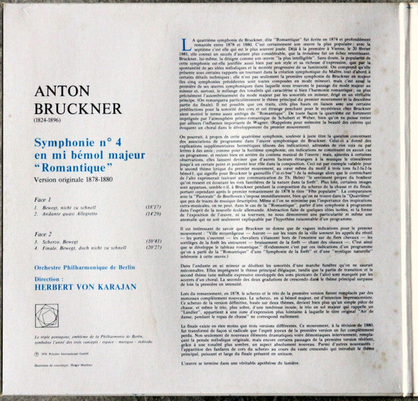 Anton Bruckner - Berliner Philharmoniker, Herbert Von Karajan : Symphonie N°4 "Romantique" (LP, Album, RE, Gat)