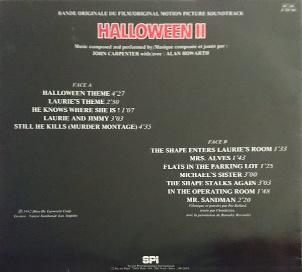 John Carpenter With/Avec Alan Howarth : Halloween II (Bande Originale Du Film / Original Motion Picture Soundtrack) (LP, Album)