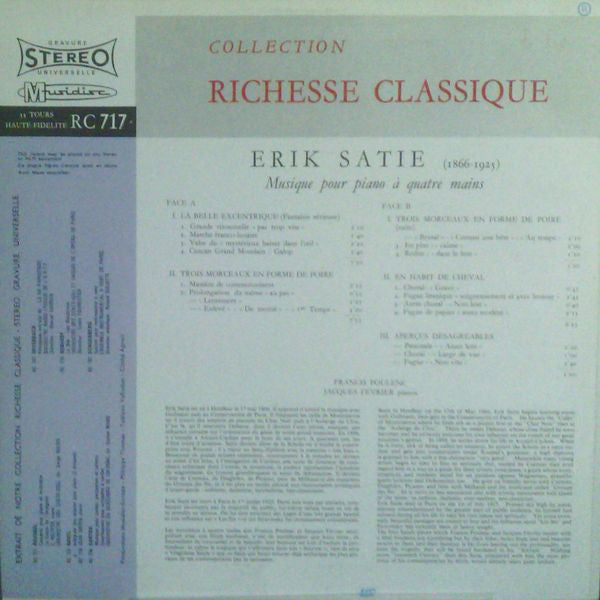 Erik Satie, Francis Poulenc, Jacques Février : Musique Pour Piano à Quatre Mains (LP)