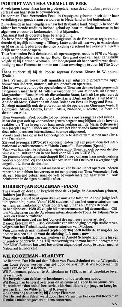 Thea Vermeulen Peek Met Robbert-Jan Roozeman En Wil Roozeman : Een Portret Van Thea Vermeulen Peek (LP, Album)