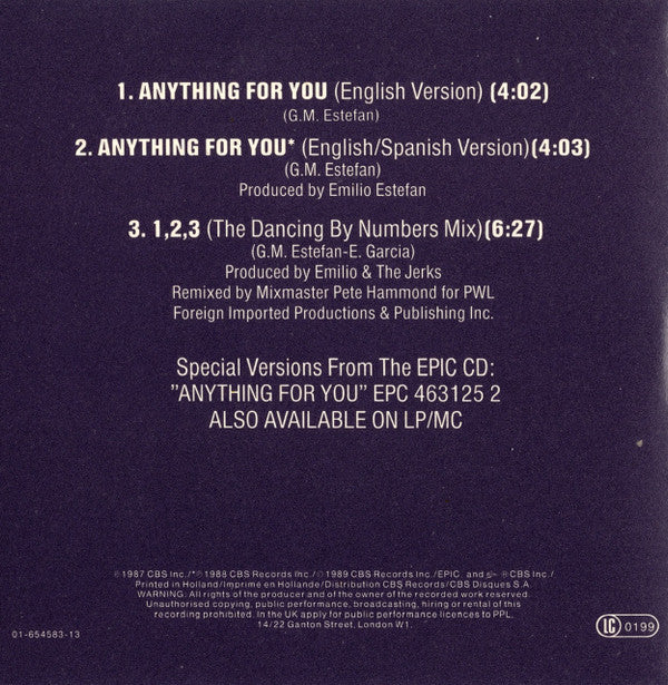 Gloria Estefan And Miami Sound Machine* : Anything For You (CD, Mini, Maxi, RE)