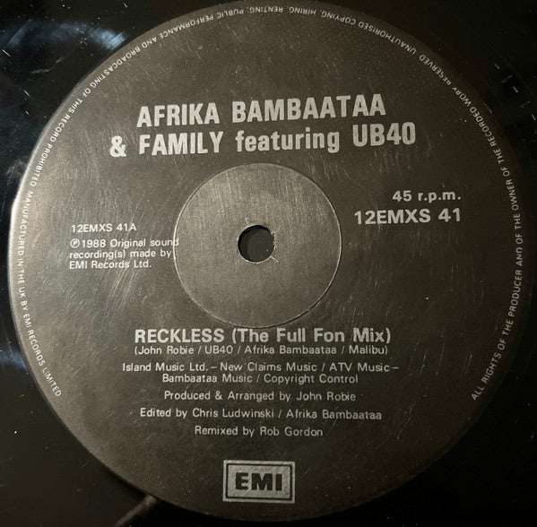 Afrika Bambaataa And Family* Featuring UB40 : Reckless (12", Single, Bla)