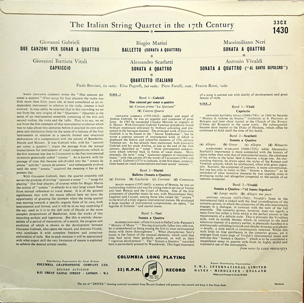 Quartetto Italiano : The Italian String Quartet In The 17th Century (LP, Mono)
