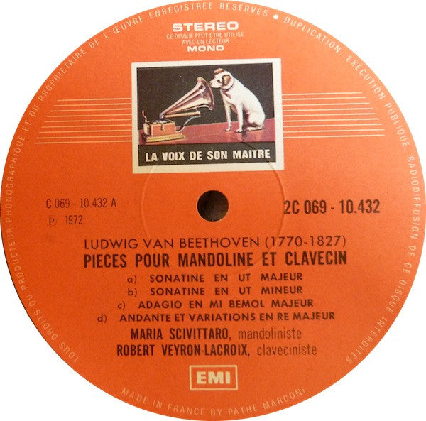 Ludwig van Beethoven / Johann Nepomuk Hummel - Maria Scivittaro, Robert Veyron-Lacroix : Quatre Pièces Pour Mandoline Et Clavecin / Sonate Pour Mandoline Et Piano (LP, RE)