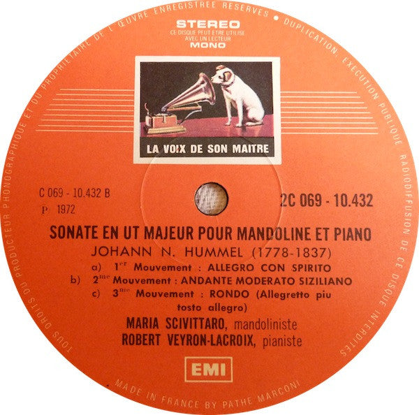 Ludwig van Beethoven / Johann Nepomuk Hummel - Maria Scivittaro, Robert Veyron-Lacroix : Quatre Pièces Pour Mandoline Et Clavecin / Sonate Pour Mandoline Et Piano (LP, RE)