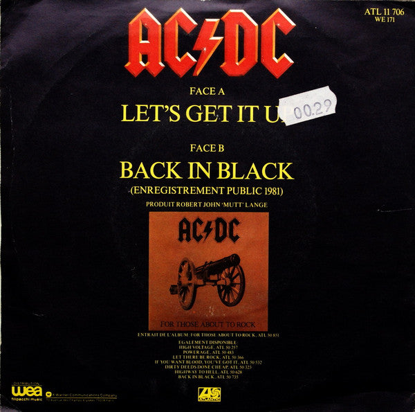 AC/DC : Let's Get It Up / Back In Black (Enregistrement Public 1981) (7", Single)