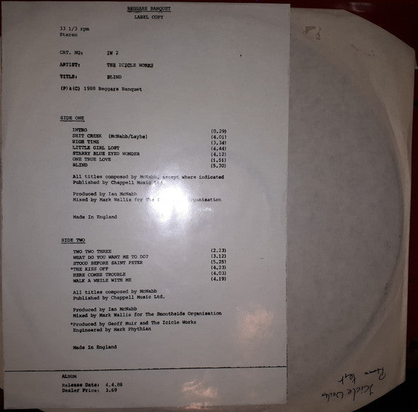 The Icicle Works : Blind (LP, Album, W/Lbl)