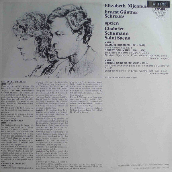Elizabeth Nijenhuis, Ernest Gunther Schreurs : Spelen Chabrier Schumann Saint Saens (LP, Album)