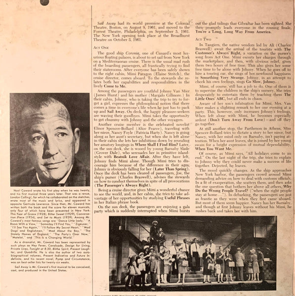 Noël Coward - Elaine Stritch : Sail Away  (Original Broadway Cast) (LP, Album, Mono, Gat)