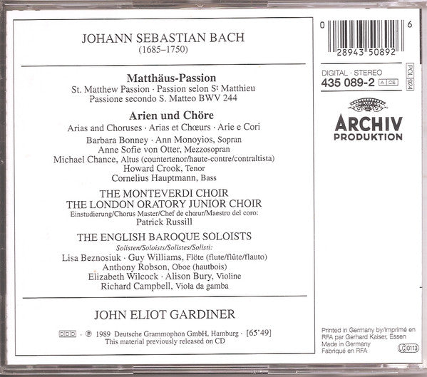 Johann Sebastian Bach - John Eliot Gardiner, The Monteverdi Choir, The London Oratory Junior Choir, The English Baroque Soloists : Matthaus-Passion • St. Matthew Passion • Passion Selon St Matthieu • Passione Secondo S. Matteo BWV 244 (CD, Comp)