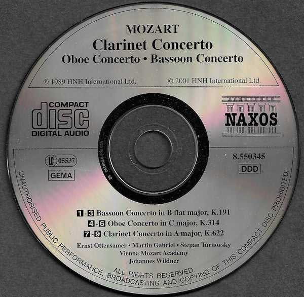 Wolfgang Amadeus Mozart - Ernst Ottensamer • Martin Gabriel • Stepan Turnovsky, Wiener Akademie, Johannes Wildner : Clarinet Concerto • Oboe Concerto • Bassoon Concerto (CD, Album, RE)