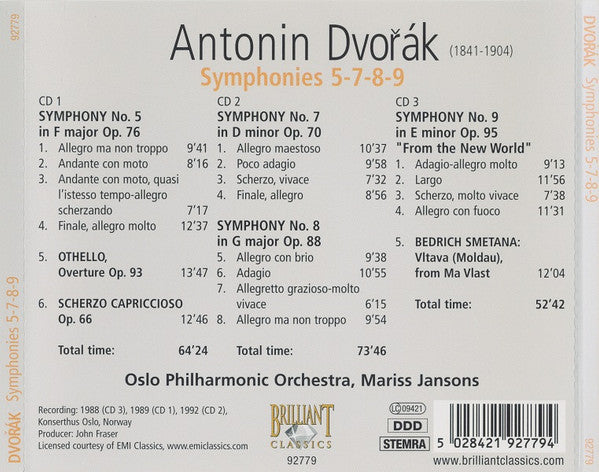 Antonín Dvořák / Oslo Filharmoniske Orkester, Mariss Jansons : Symphonies 5-7-8-9 (3xCD, Comp)