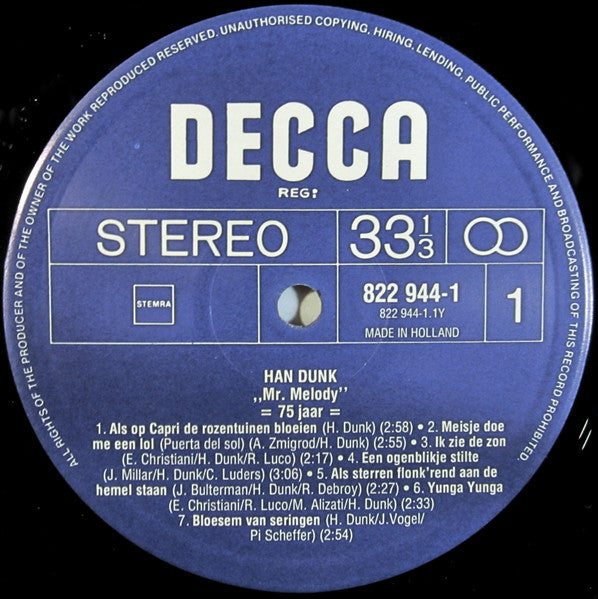 Han Dunk : "Mr. Melody" 75 Jaar (LP, Album)