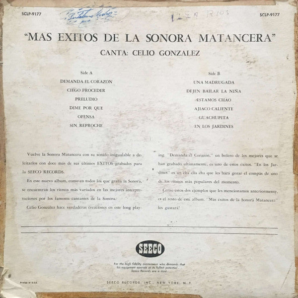 La Sonora Matancera Canta Celio González : Mas Exitos De Sonora Matancera (LP, Album, Mono)