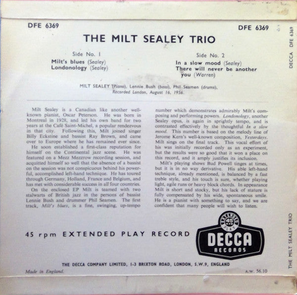 The Milt Sealey Trio : Untitled (7")