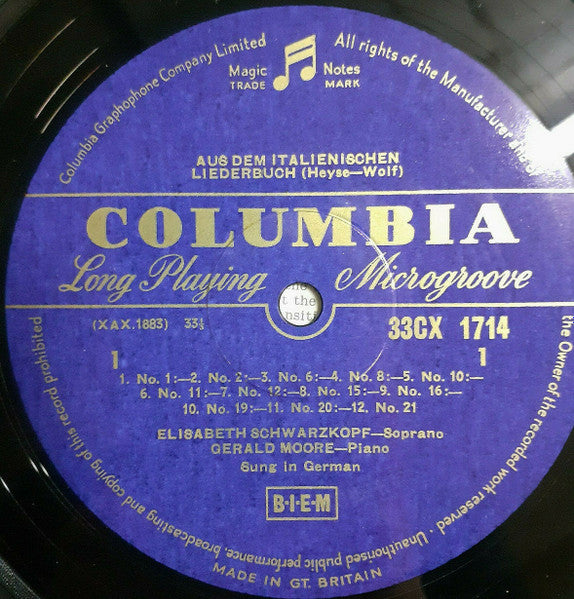 Hugo Wolf, Elisabeth Schwarzkopf, Gerald Moore :  From "The Italian Song Book" (LP, Mono, Blu)