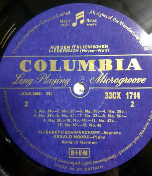 Hugo Wolf, Elisabeth Schwarzkopf, Gerald Moore :  From "The Italian Song Book" (LP, Mono, Blu)