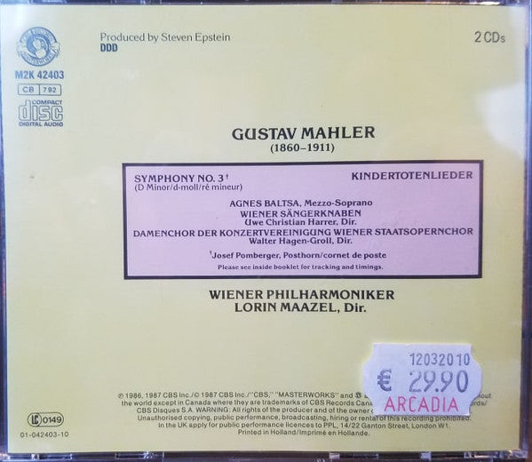 Gustav Mahler - Agnes Baltsa, Wiener Philharmoniker, Lorin Maazel : Symphony 3 / Kindertotenlieder (2xCD)