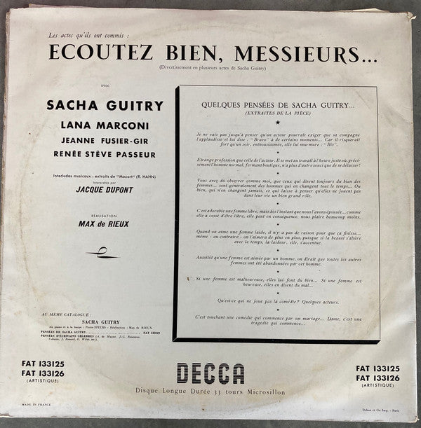 Sacha Guitry : Ecoutez Bien,Messieurs....Divertissement en Plusieurs Actes (2xLP, Album, Mono)