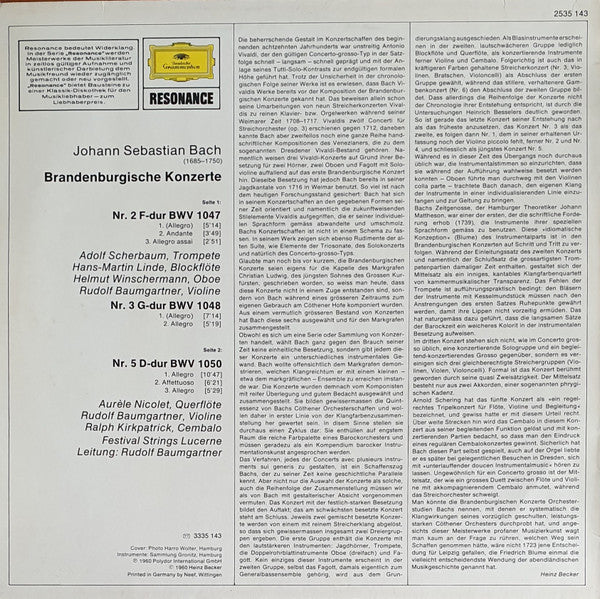 Johann Sebastian Bach, Adolf Scherbaum • Aurèle Nicolet, Festival Strings Lucerne, Rudolf Baumgartner : Brandenburgische Konzerte Nr. 2•3•5 (LP, Album, RE)