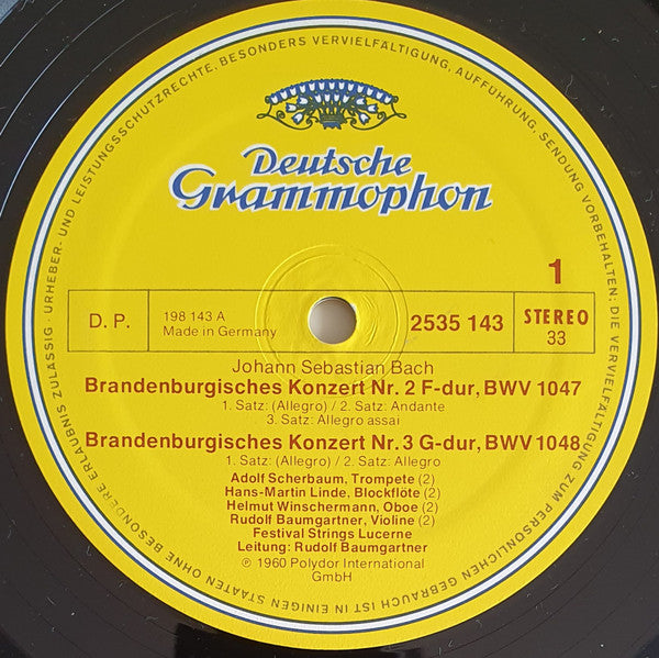 Johann Sebastian Bach, Adolf Scherbaum • Aurèle Nicolet, Festival Strings Lucerne, Rudolf Baumgartner : Brandenburgische Konzerte Nr. 2•3•5 (LP, Album, RE)