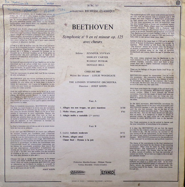 Ludwig van Beethoven – London Symphony Orchestra, Josef Krips : Symphonie N° 9 Avec Choeurs (LP)