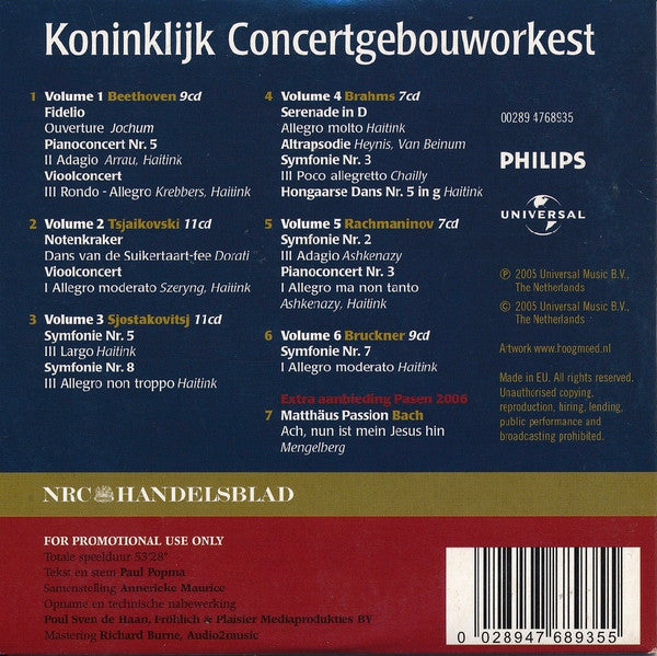 Concertgebouworkest, Ludwig van Beethoven, Pyotr Ilyich Tchaikovsky, Dmitri Shostakovich, Johannes Brahms, Sergei Vasilyevich Rachmaninoff, Anton Bruckner, Willem Mengelberg, Eduard van Beinum, Eugen Jochum, Bernard Haitink, Riccardo Chailly : Introductie-cd - NRC Handelsblad Muziekselectie (CD, Comp, Smplr)