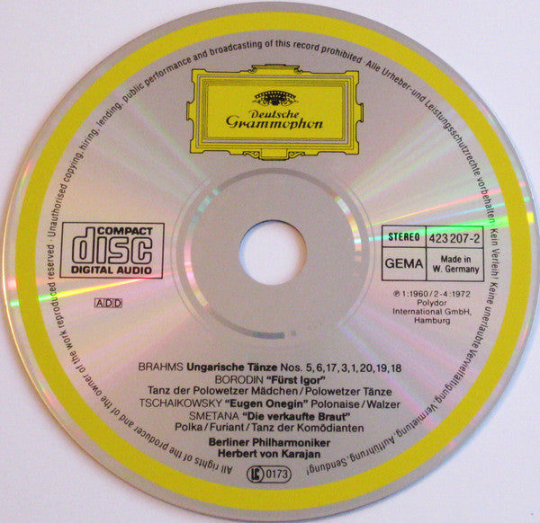 Alexander Borodin · Johannes Brahms · Pyotr Ilyich Tchaikovsky · Bedřich Smetana - Herbert von Karajan, Berliner Philharmoniker : Borodin: Polovtsian Dances · Brahms: 8 Hungarian Dances. Tschaikowsky: Polonaise And Waltz From "Eugene Onegin" · Smetana: Dances From "The Bartered Bride" (CD, Comp, RM)