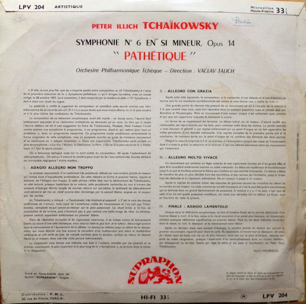 Pyotr Ilyich Tchaikovsky, The Czech Philharmonic Orchestra, Václav Talich : Symphony N° 6  "Pathétique" (LP, Album, Mono)
