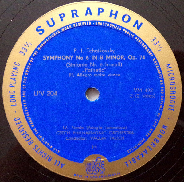 Pyotr Ilyich Tchaikovsky, The Czech Philharmonic Orchestra, Václav Talich : Symphony N° 6  "Pathétique" (LP, Album, Mono)