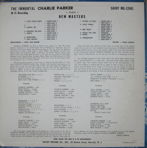 Charlie Parker : The Immortal Charlie Parker (LP, Album, Mono)