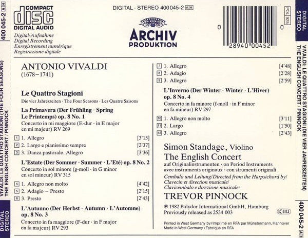 Antonio Vivaldi - Simon Standage, The English Concert, Trevor Pinnock : Le Quattro Stagioni = Die Vier Jahreszeiten = The Four Seasons = Les Quatre Saisons (CD, Album, RE)