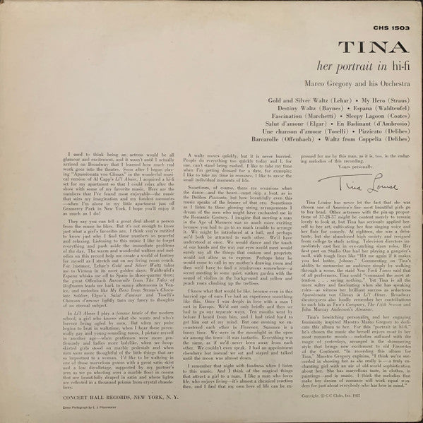 Marco Gregory And His Orchestra, Tina Louise : Tina, Her Portrait In Hi-Fi (LP, Album, Mono)