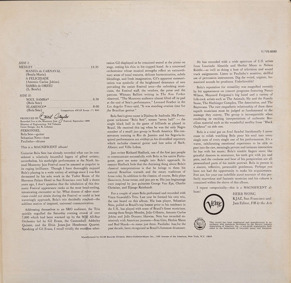 Bola Sete : Bola Sete At The Monterey Jazz Festival (LP, Album, Gat)