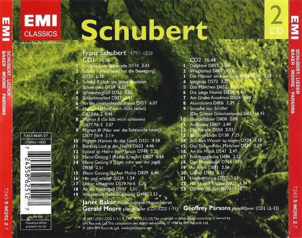 Franz Schubert, Janet Baker, Gerald Moore, Geoffrey Parsons (2) : Schubert: Lieder  (2xCD, Comp, RM)