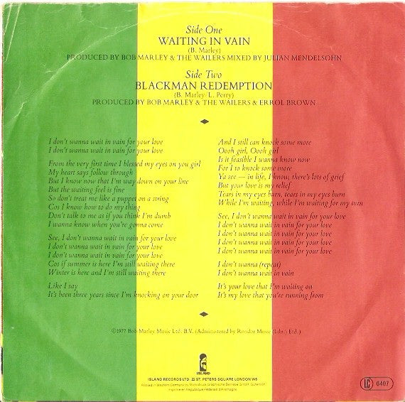 Bob Marley & The Wailers : Waiting In Vain (7", Single)