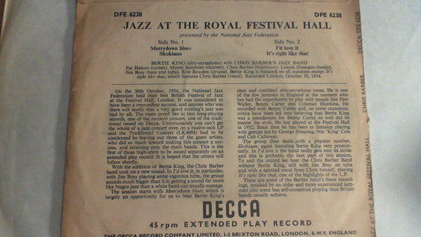 Chris Barber's Jazz Band With Bertie King : Jazz At The Royal Festival Hall (7", EP, RE)