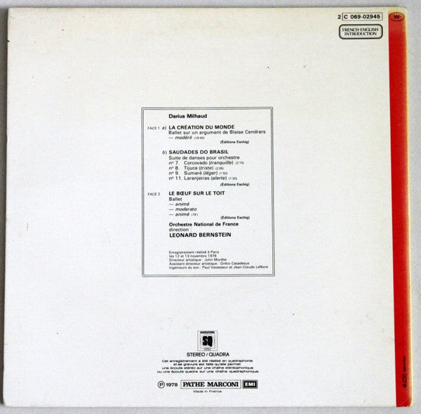 Darius Milhaud · Leonard Bernstein · Orchestre National De France : La Création Du Monde / Le Bœuf Sur Le Toit / Saudades Do Brasil  (Quatre Dances) (LP, Album, Quad, Gat)