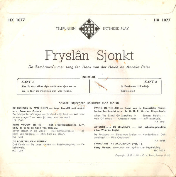 De Sambrinco's : Fryslân Sjongt (7", EP)